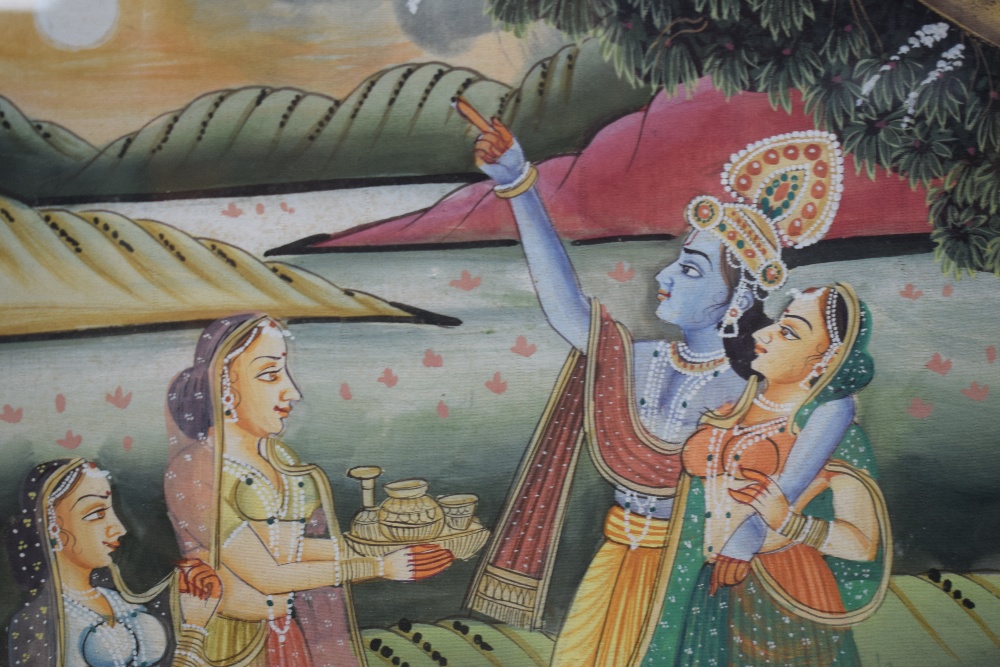 A 20th Century Indian Mugual style painting on silk, depicting the Hindu tale of Radha and Krishna's - Image 3 of 5
