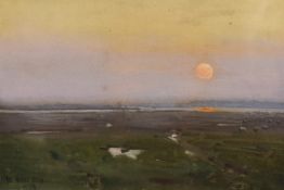Woods (British 19th/20th Century) Gouache, a marshland sunset, signed and dated (1905?) lower