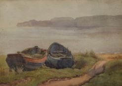 C Marr (British 20th Century) Watercolour, a coastal landscape with small beached boats, signed