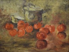 A 20th Century oil on board still life study, depicting a cooking pot and apples, unsigned or