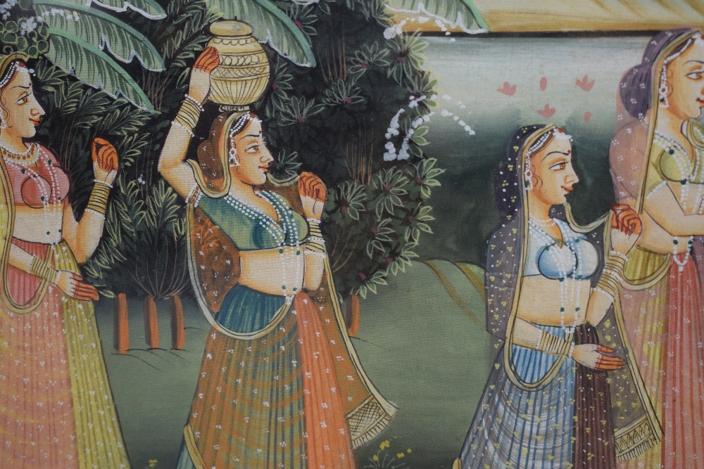 A 20th Century Indian Mugual style painting on silk, depicting the Hindu tale of Radha and Krishna's - Image 4 of 5