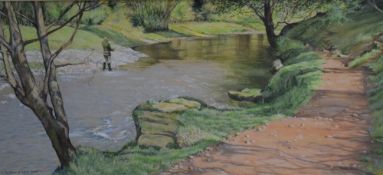 John Straton Ferrier (British 20th Century) Acrylic 'The Annan at Rabbit Island', a river scene with