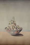 Gordon Davy (British 20th Century) Watercolour, a surrealist still life study of a bowl of fruit,