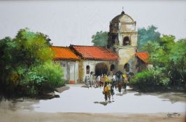Edgardo Saemiento (20th Century) Oil on canvas, a study of a temple with figures, signed and