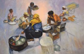 Loyola (20th Century) Oil on canvas, a vibrant market scene with figures and baskets of produce,