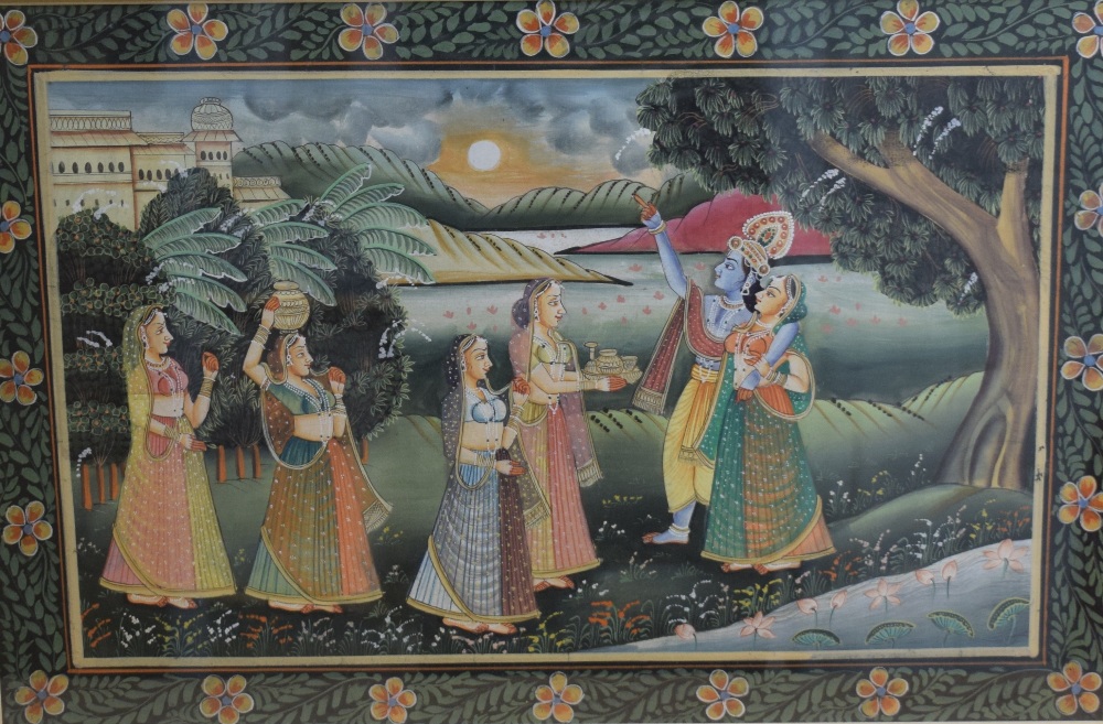 A 20th Century Indian Mugual style painting on silk, depicting the Hindu tale of Radha and Krishna's