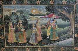 A 20th Century Indian Mugual style painting on silk, depicting the Hindu tale of Radha and Krishna's