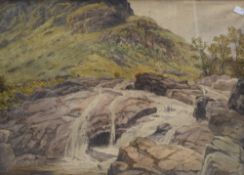 A 19th Century watercolour, a mountainous landscape with small waterfall, initialled (H.S?) and