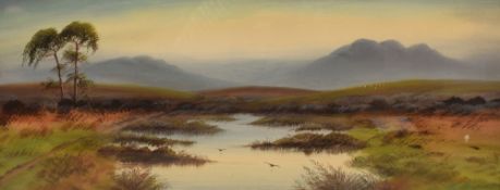 J Jebco (British 20th Century) Watercolour, a moorland landscape with figure at dawn, signed lower