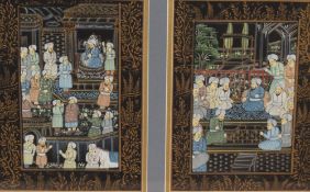 A 20th Century Indian Mugual style diptych on silk, within stepped card mount and moulded gilt