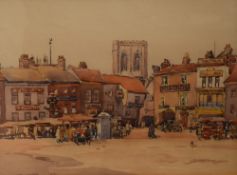 Fred Lawson (British 1888 - 1968) Watercolour, a town centre market scene, signed and dated (1925)