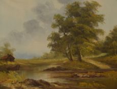 Walling (20th Century) Oil on canvas, a rural river scene with small cottage, signed lower left,