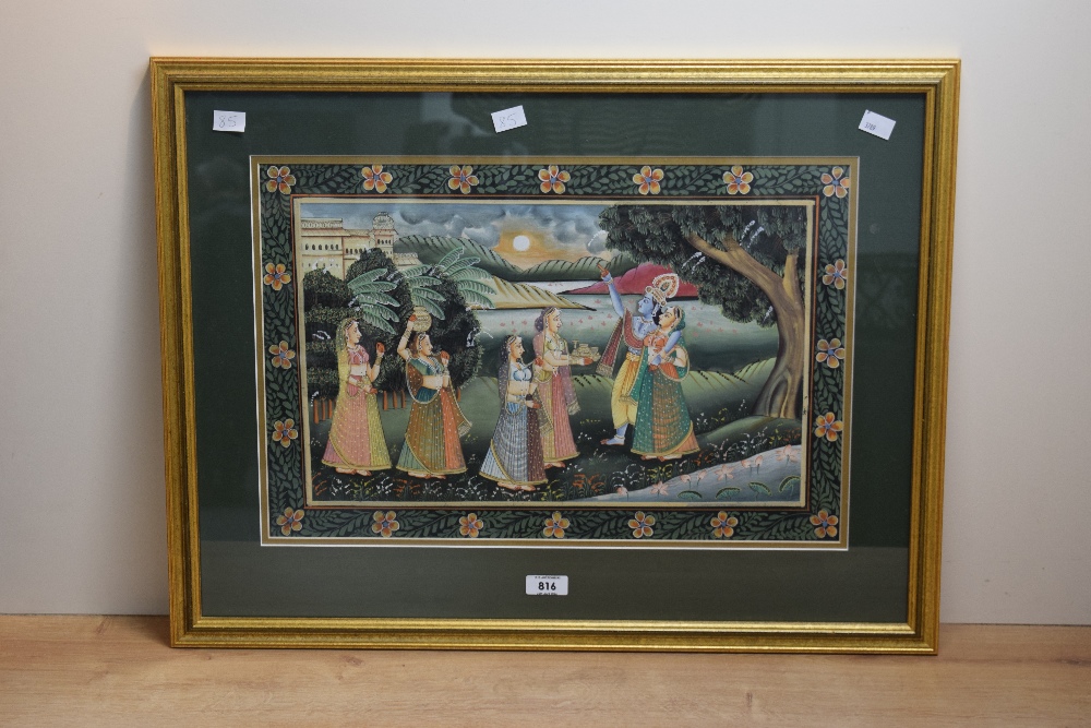 A 20th Century Indian Mugual style painting on silk, depicting the Hindu tale of Radha and Krishna's - Image 2 of 5
