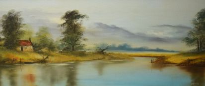 C H Barden (British 20th Century) Oil on canvas, a rural river scene with cottage and figure, signed