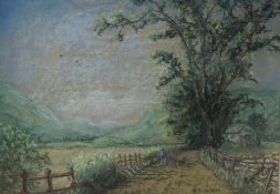 B Smeddles (British 20th Century) Oil pastel 'A Peaceful Corner of Lakeland', a Lake District valley