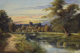 W. Haines (19th Century) Oil on canvas landscape, a village river scene with swans at sunset, signed