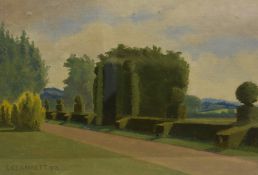 E.C.E Garnett (20th Century) Oil on board, a summer garden study, within washline card mount and
