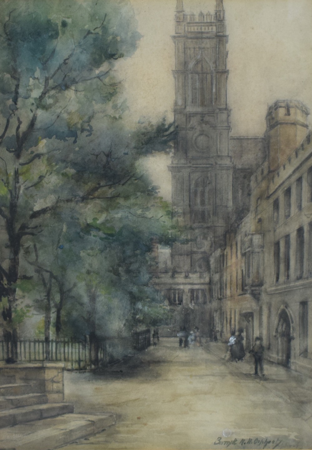 Burnett Napier Henderson Orphoot (British 1880-1964) Watercolour, a cathedral scene with figures,