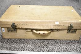 A vintage stitched vellum suitcase, of traditional design, stencilled initials E.M.T to each side,
