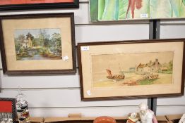 A mixed media picture depicting a cottage by a stream, mounted, framed and glazed 35cm x 38cm sold