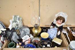 A brass effect oil lamp, a brass effect carriage clock, a studio pottery drip ware bowl, a large