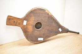 A pair of Victorian wood and leather fireplace bellows, having a metal nozzle, unmarked, 63cm,