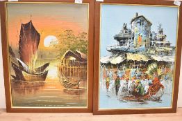 A pair of 20th century oils on canvas's, the first depicting Chinese junk boats at sundown the