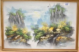 Y Yang (20th Century) Oil on board, a dwelling nestled on rocks above a waterfall in cool tones,