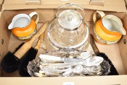 A vintage EPNS and cut glass biscuit barrel and similar fruit bowl, a good selection of assorted