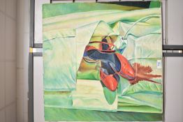 Contemporary oil on canvas, an intriguing study of red shoes with a red wine stain on a green
