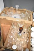 A collection of assorted glassware in two cartons including a decanter, bowls, vase, jugs and