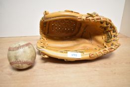 Rawlings RBG 36 Baseball Glove with Deep Well Pocket along with a leather baseball