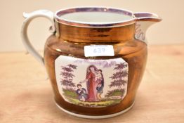A 19th-century Sunderland lustre pottery jug, featuring a transfer-print panel, religious in nature,
