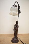 A 20th-century Art Nouveau-style copper-coloured spelter table lamp, having a frosted glass tulip-