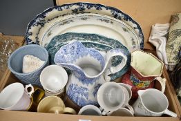 A selection of assorted ceramics including blue and white/green an white serving plates, a blue