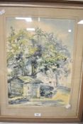 A 20th-century framed water colour of a rural scene, featuring a small stone built building