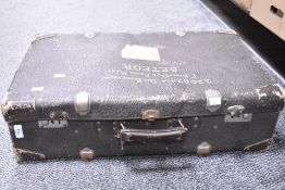 A vintage suitcase with the legend 2082414 DVB. Bowerbank, 1st Kings Own Royal Regt., B.E.T.F.O.R.