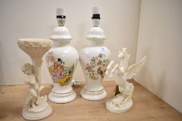 Two ceramic lamps 37cm high of bulbous form one having an Oriental theme the other bird of