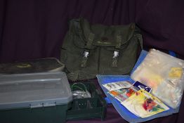 A mixed lot of a Snowbee fishing bag with liner a tackle pouch by Korum containing a large rig