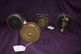 Four large Salmon fly reels circa 1900 only one is marked 'R Ramsbottom Manchester'