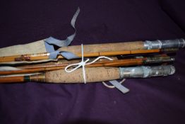 Three vintage split cane fly rods in canvas sleeves one by forshaws of Liverpool marked palace N05