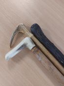 Three walking sticks one with antler handle and one with a bone handle the other being of a light