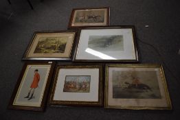 A selection of 6 large hunting or shooting related prints and hand coloured etchings