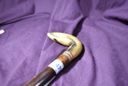 A walking cane measuring 90cm long with a lobsters claw carved bone handle and a copper ferule