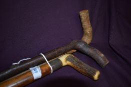 Three short walking sticks measuring between 81 and 91cm one having an antler handle