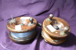 Two vintage wood and brass fly reels