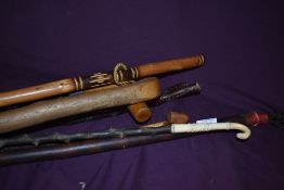A bundle of seven assorted sticks two thin blackthorn sticks one with carved bone handle a hazel