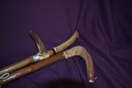Three antler handled walking sticks measuring 90cm, 100cm and 106cm