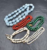 A group of five gemstone and pearl necklaces, comprising malachite beads, presumed aquamarine beads,