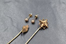 A pair of yellow metal presumed gold stud earrings, along with two Victorian yellow metal presumed